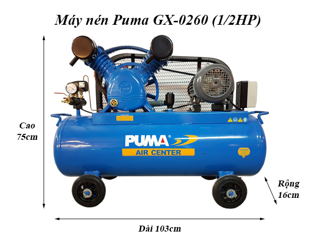 Kích thước máy nén Puma GX-0260 công suất 1/2HP